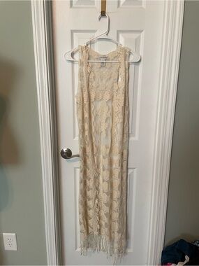 Demanding Boho Crochet Lace Long Duster Vest - Cream